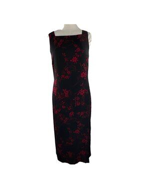 Petite Sophisticate Size 12 Red and Black Silk Floral Midi Dress Vintage Y2K